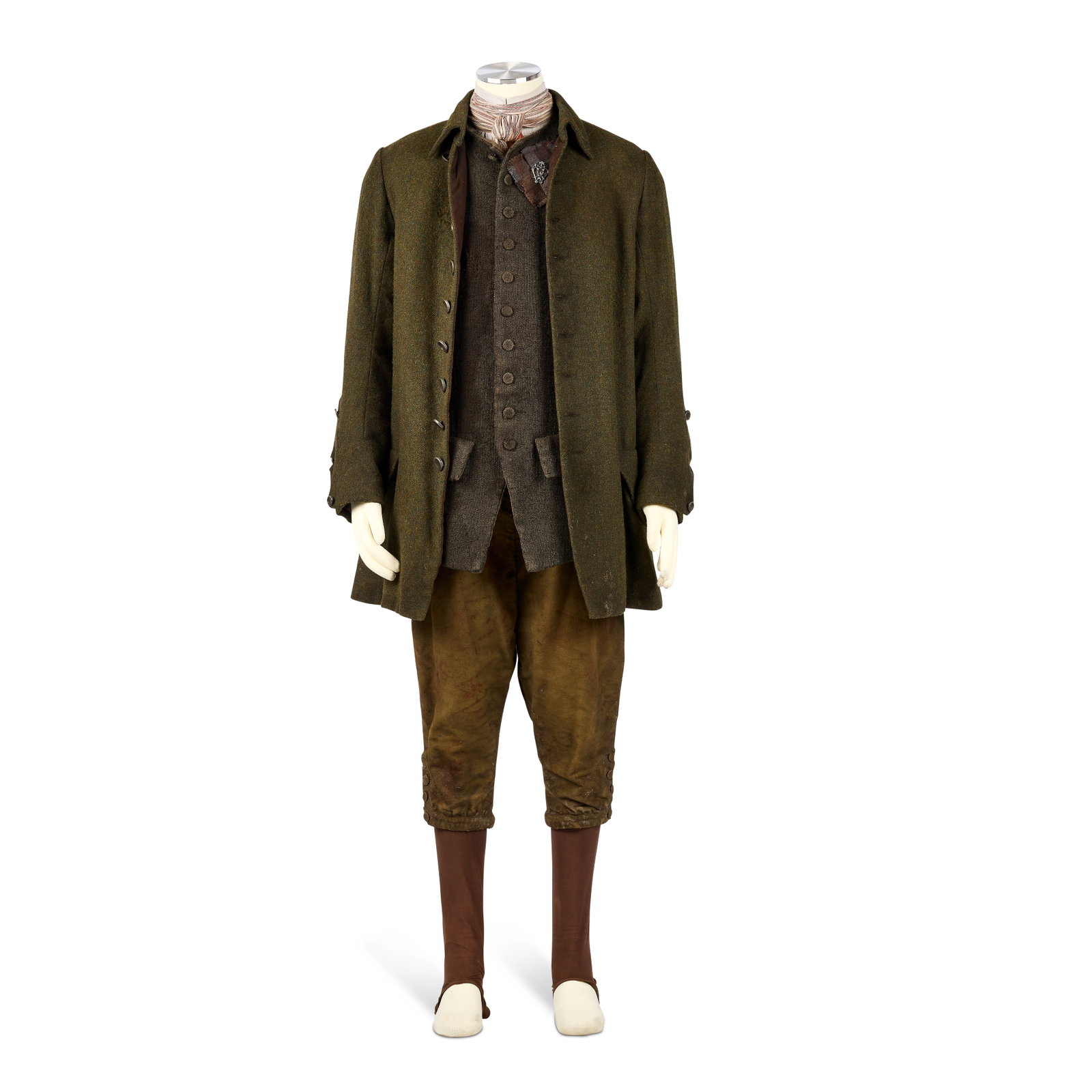 Highland daywear ensemble worn by Murtagh, with heart brooch Season 5, Episode 7, 'The Ballad of...: Highland daywear ensemble worn by Murtagh, with heart brooch Season 5, Episode 7, 'The Ballad of Roger Mac' Comprising: a custom-made woollen brown waistcoat with bullet hole and production blood-stai