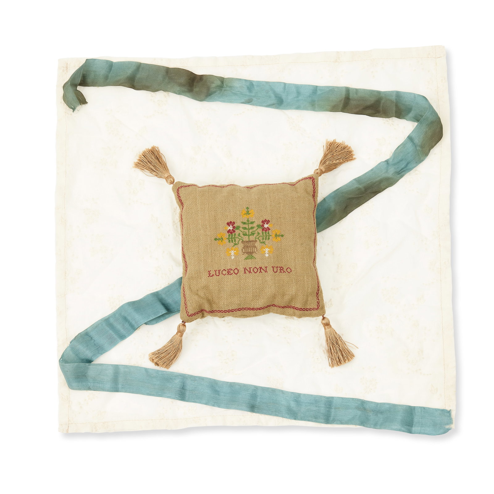 An embroidered scented cushion, from Jocasta's flashback Season 5, Episode 6, 'Better to Marry T...: An embroidered scented cushion, from Jocasta's flashback Season 5, Episode 6, 'Better to Marry Than Burn' Of square form, with embroidered flowers above the MacKenzie clan motto Luceo non uro (I Shine