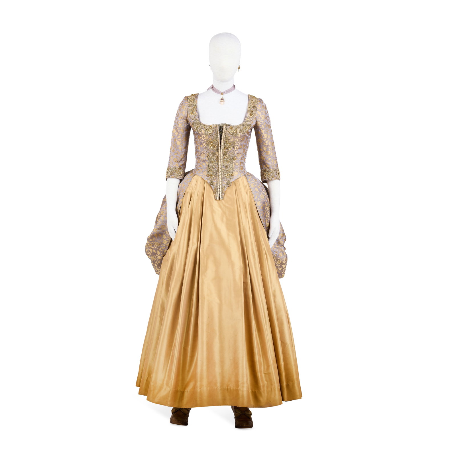 Gold silk evening dress, from Brianna's dinner with Bonnet Season 5, Episode 10, 'Love, Mercy or...: Gold silk evening dress, from Brianna's dinner with Bonnet Season 5, Episode 10, 'Love, Mercy or Vengeance' Comprising: a custom-made gold silk taffeta dress with subtle two-tone iridescence, the over