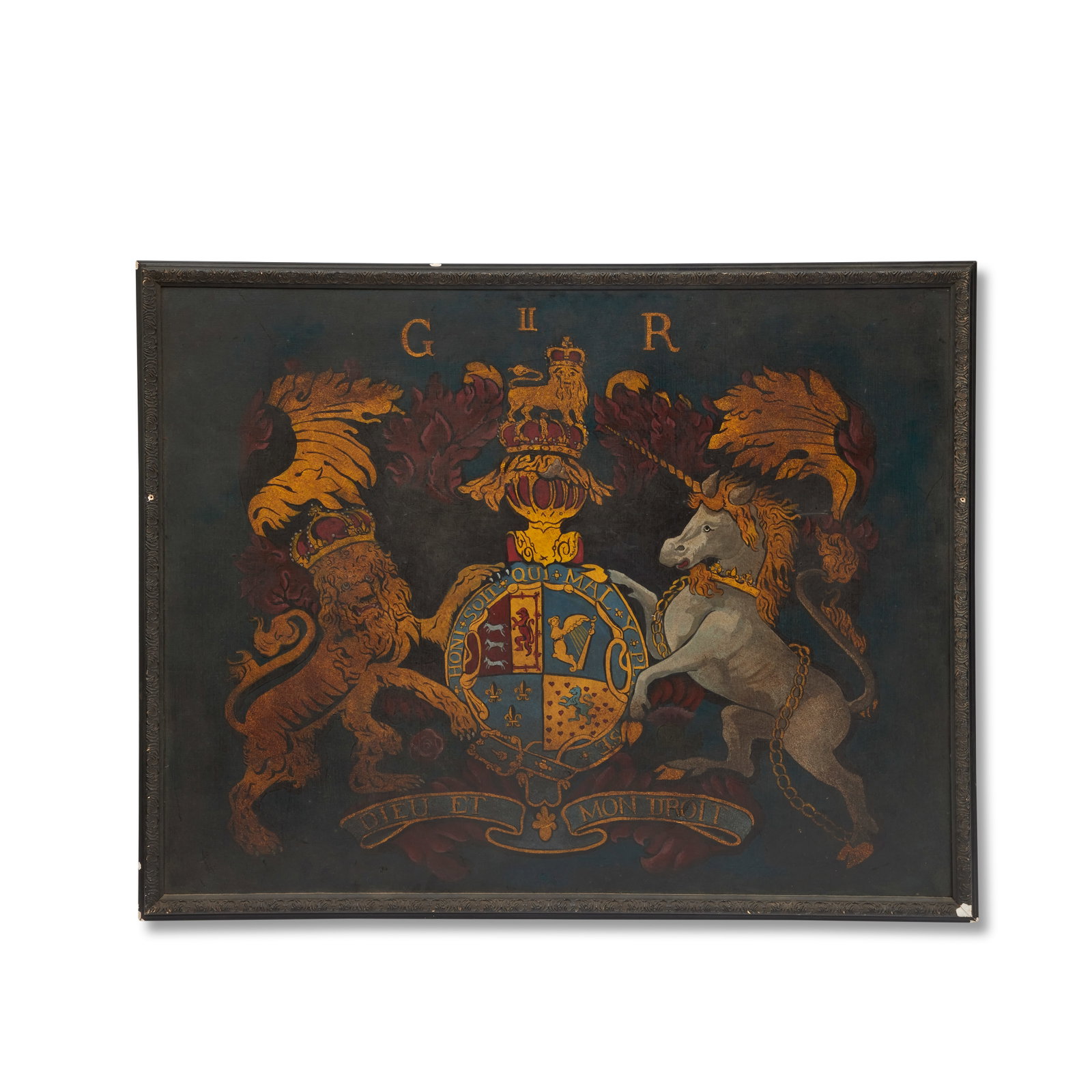 A painted Royal coat of arms for George II Season 6, Episode 1, 'Echoes': A painted Royal coat of arms for George II Season 6, Episode 1, 'Echoes' The plywood board painted with the Hanoverian Royal coat of arms with unicorn and lion supporters, above the motto, DIEU ET MON