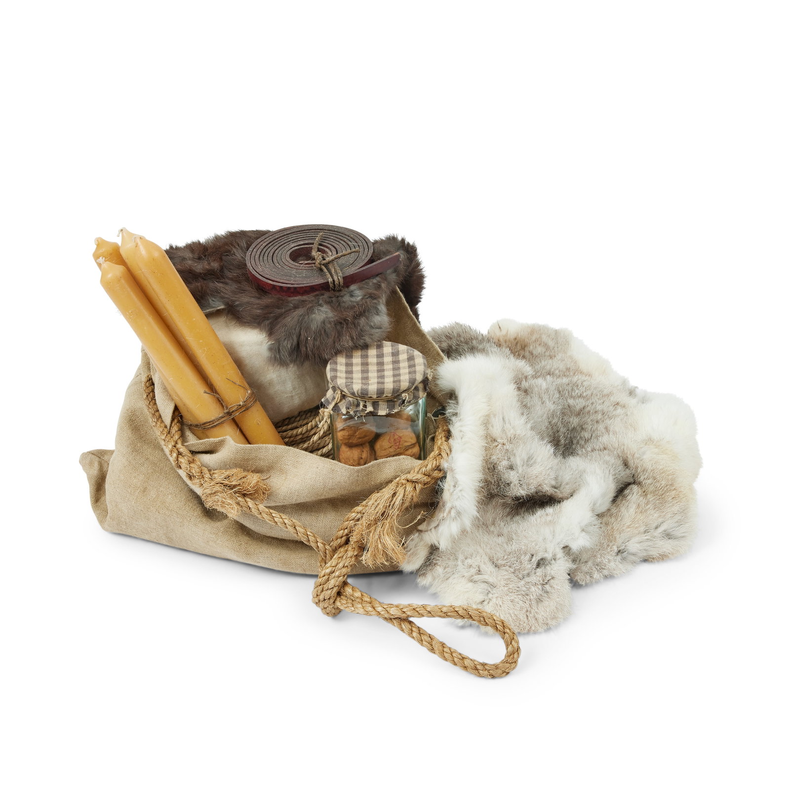 Jamie's knapsack with provisions Probably acquired for Season 7 (12): Jamie's knapsack with provisions Probably acquired for Season 7 Comprising: two rabbit pelts, a large coil of rope, a mock cheese and apple created by the Prop Department, four wax candles, a glass ja