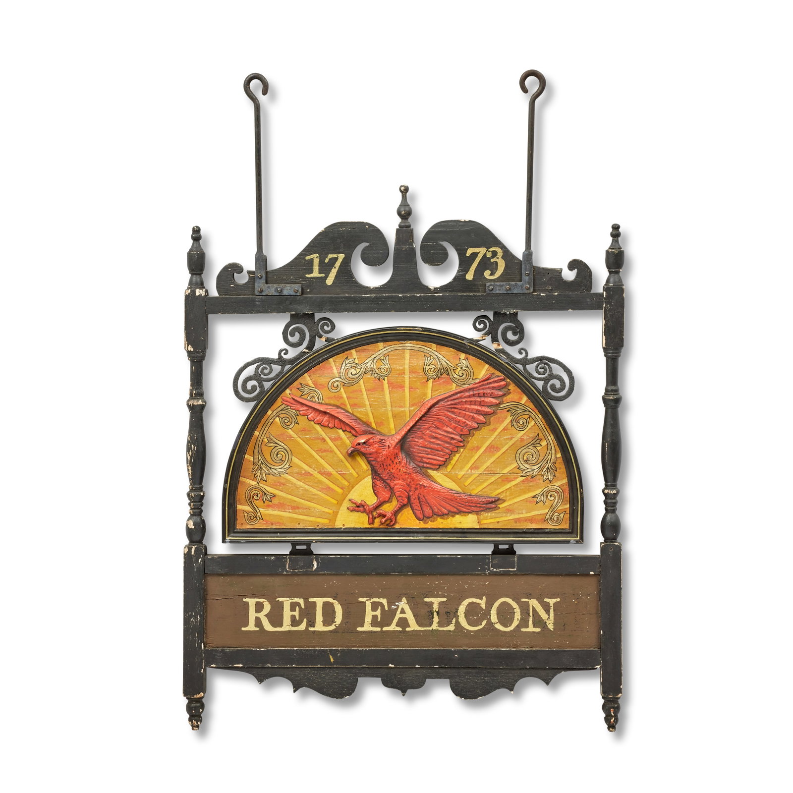 A painted, carved and composition sign for The Red Falcon inn First seen in Season 7, Episode 1,...: A painted, carved and composition sign for The Red Falcon inn First seen in Season 7, Episode 1, 'A Life Well Lost' The arched centre mounted with a composition resin falcon, sculpted by Rhuaridh MacK