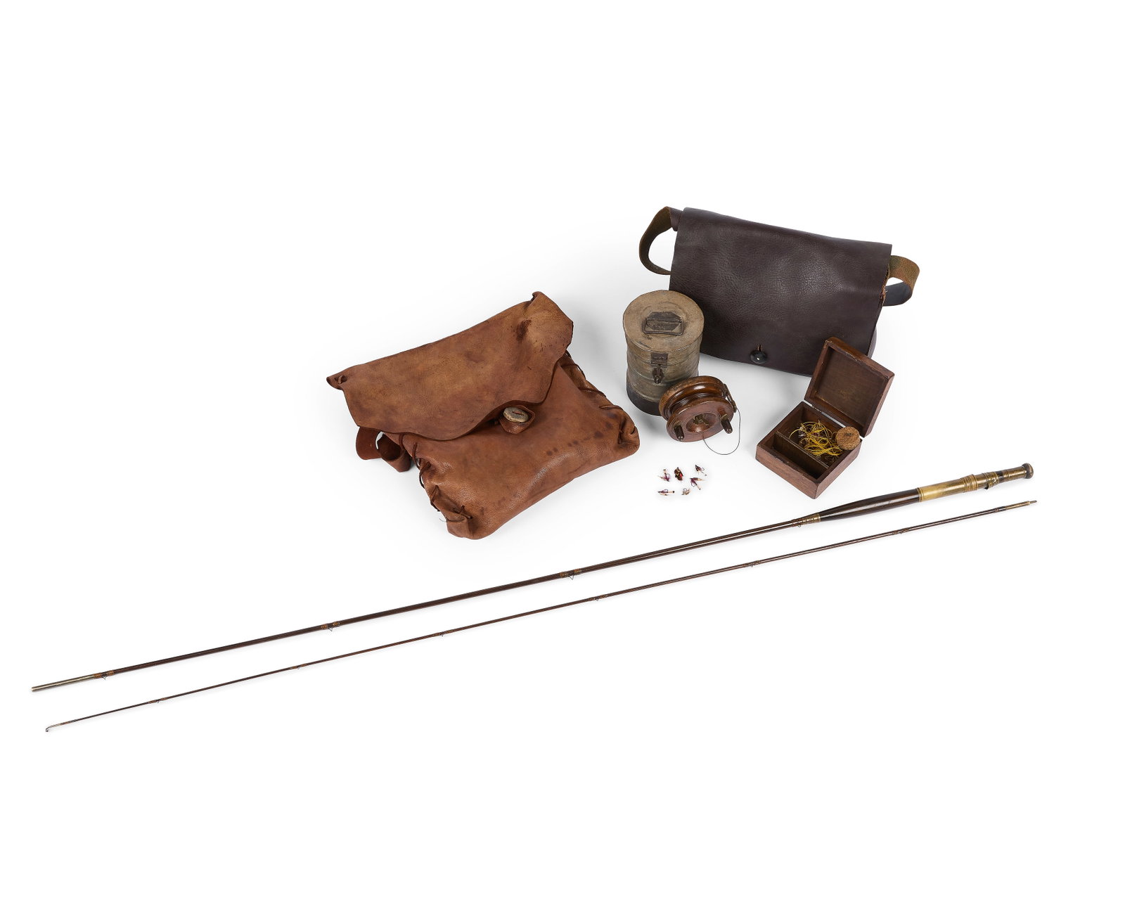 A fishing rod, reel, tackle bags and flies, belonging to Jamie The rod made by Turnbull & Co, Ed...: A fishing rod, reel, tackle bags and flies, belonging to Jamie The rod made by Turnbull & Co, Edinburgh The split cane salmon rod with turned and brass handle, together with a turned and brass mounted
