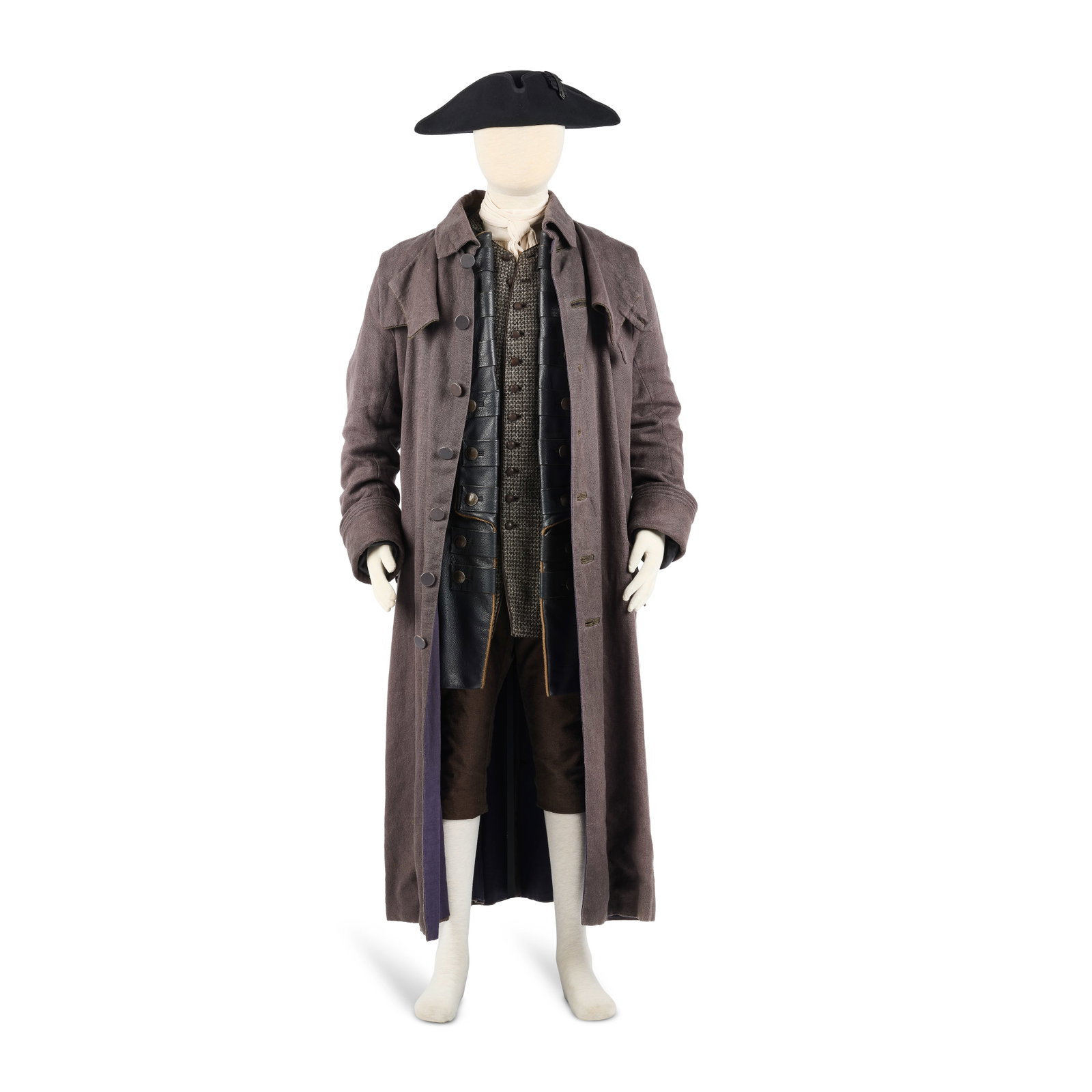 Revolutionary War military uniform, worn by Jamie Season 7, Episode 11, 'A Hundredweight of Ston...: Revolutionary War military uniform, worn by Jamie Season 7, Episode 11, 'A Hundredweight of Stones' Comprising: a custom-made cream linen shirt with high collar and smocked gathering at the neckline; 