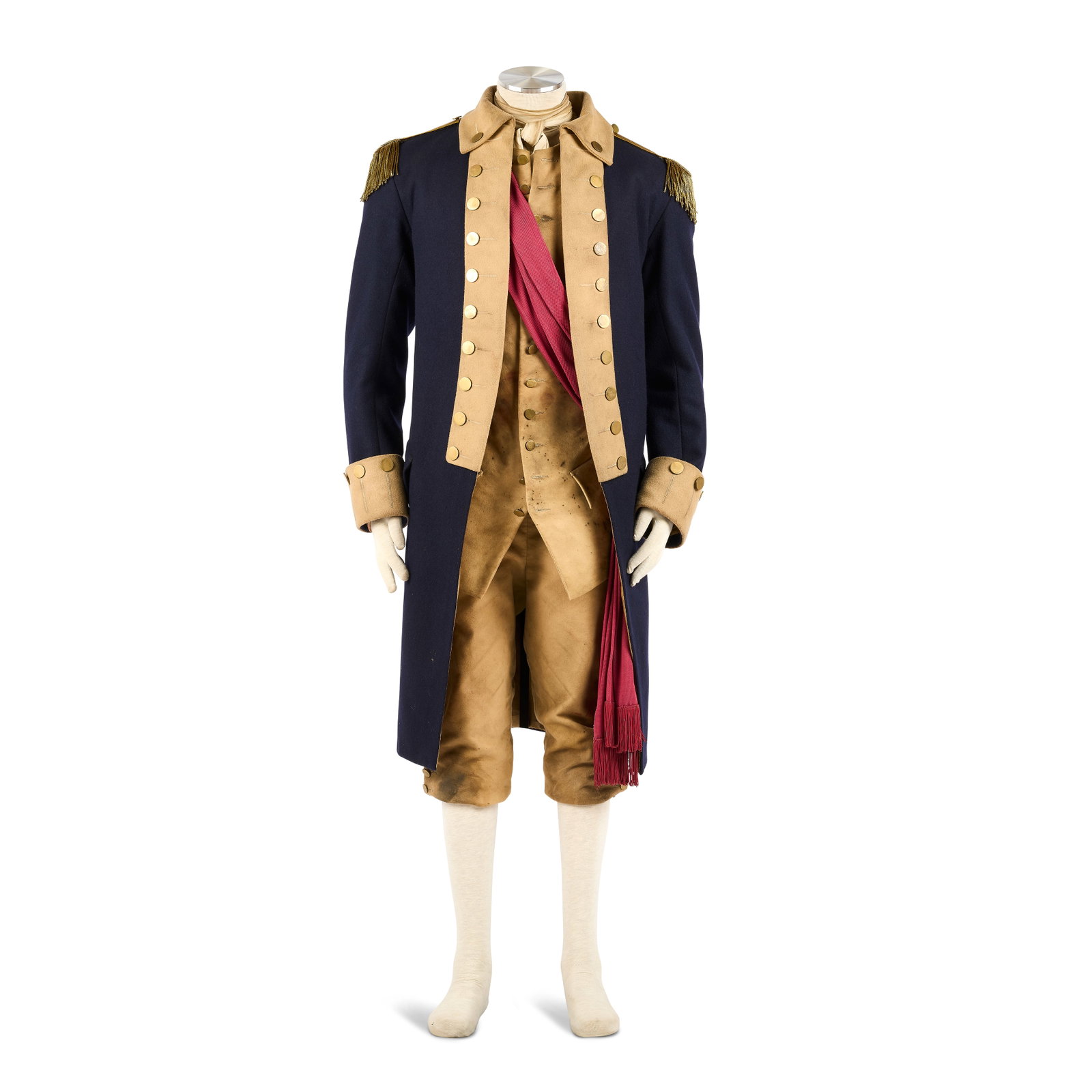 Continental Army officer uniform, worn by Jamie Season 7, Episode 14, 'Ye Dinna Get Used To It' 6: Continental Army officer uniform, worn by Jamie Season 7, Episode 14, 'Ye Dinna Get Used To It' Comprising: a cream linen shirt, stand collar, gathered at neckline, intentionally faux-blood stained an