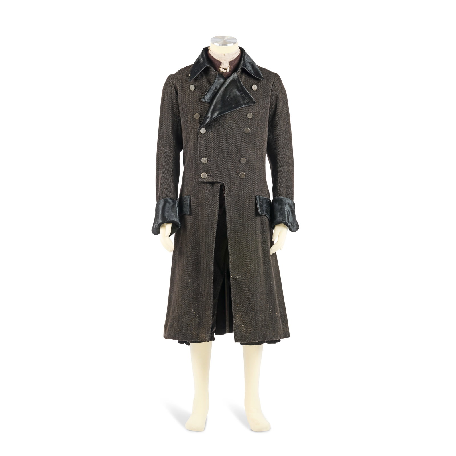 Black ministerial coat worn by Roger Season 8, Episode 10, 'And The World Was All Around Us' 5: Black ministerial coat worn by Roger Season 8, Episode 10, 'And The World Was All Around Us' Comprising: a heavy black herringbone Japanese denim overdyed in brown tones, black pony skin style leather