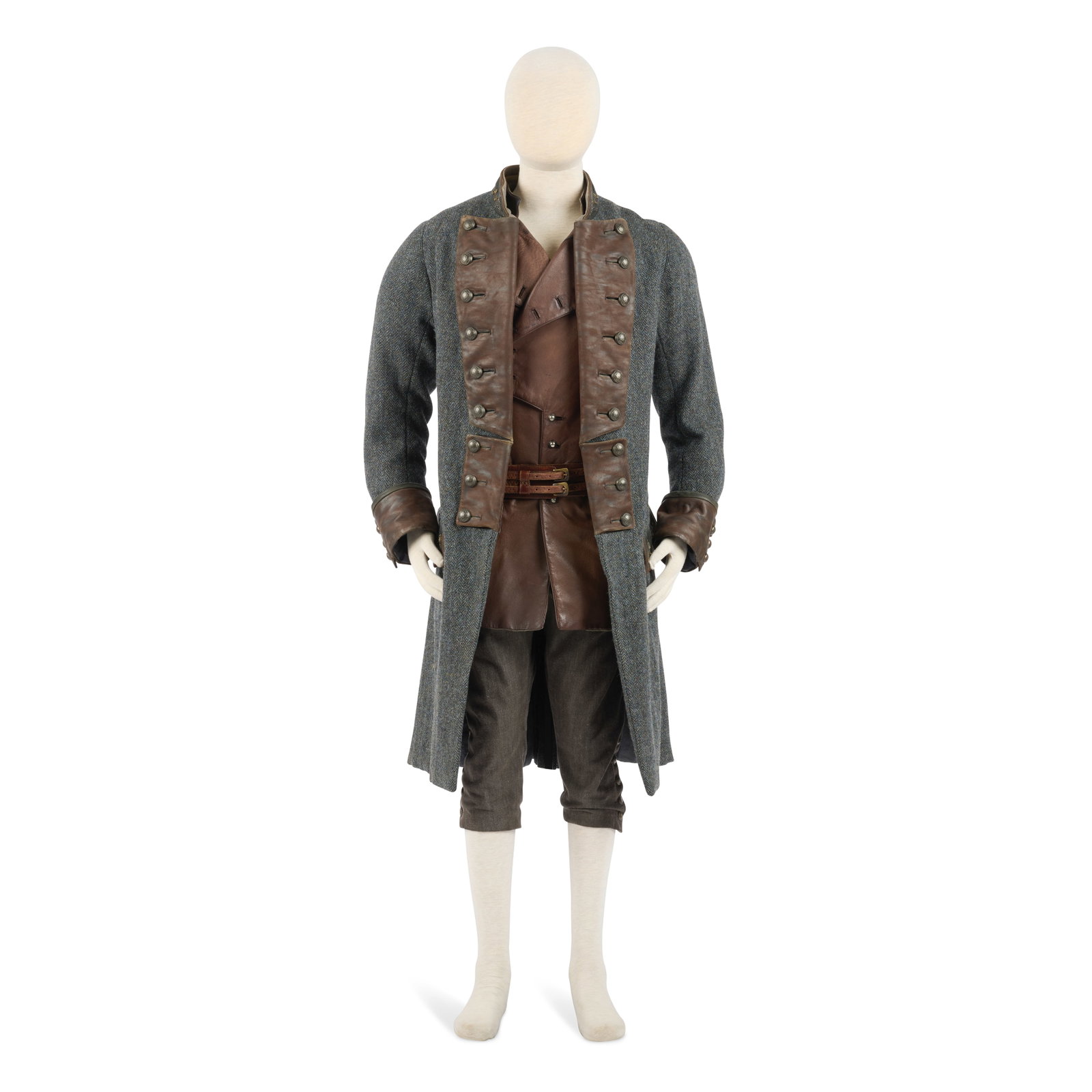 Highland inspired costume worn by Jamie Season 8, Episode 3, 'Abies Fraseri' 4: Highland inspired costume worn by Jamie Season 8, Episode 3, 'Abies Fraseri' Comprising: a brown 'step' leather waistcoat with a cross fastening, partially double breasted, or bib front, pockets, plas