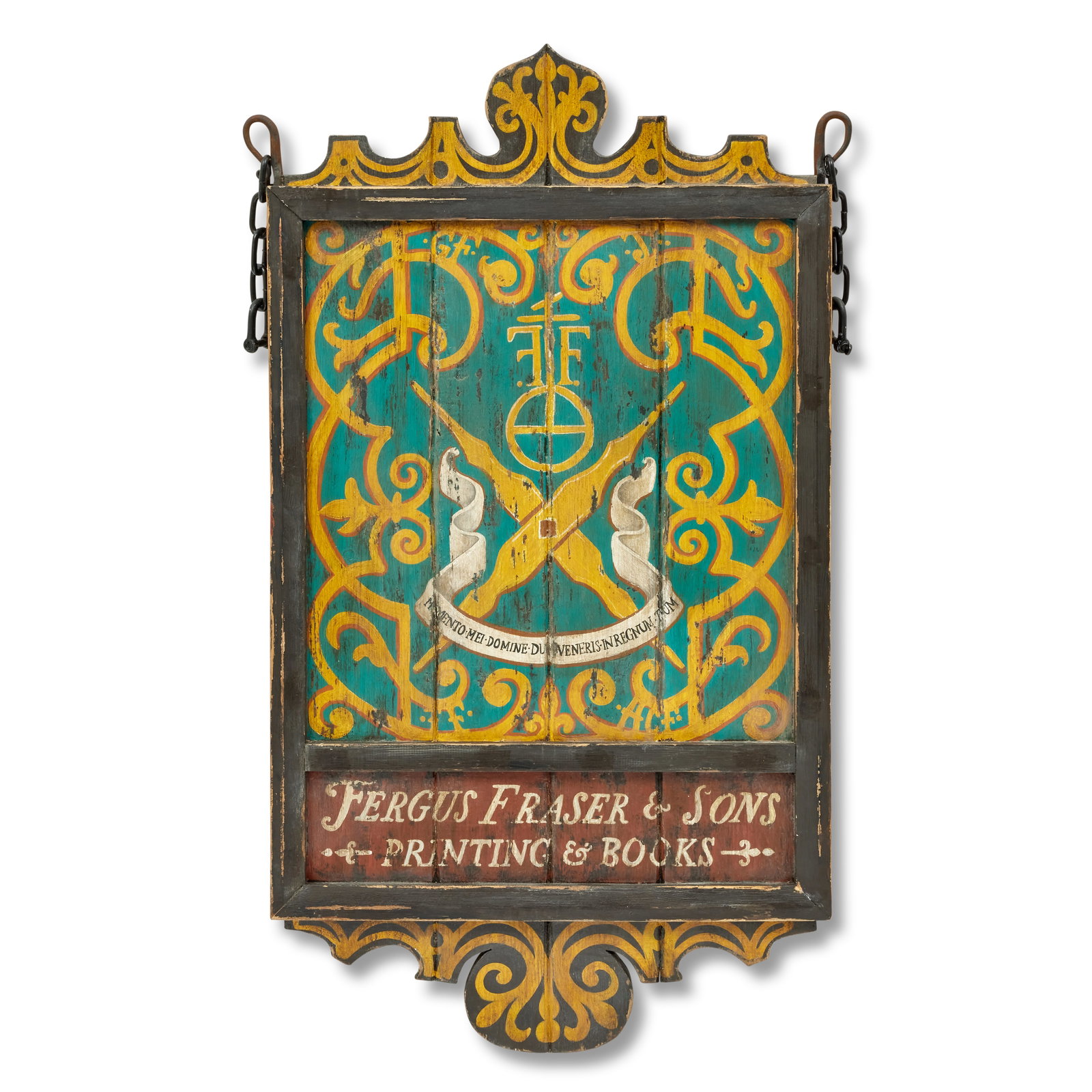A painted pine double sided hanging sign for 'FERGUS FRASER & SONS PRINTING & BOOKS' First seen ...: A painted pine double sided hanging sign for 'FERGUS FRASER & SONS PRINTING & BOOKS' First seen Season 8, Episode 1, 'Soul of a Rebel' With a fret cut crest and apron centred by a painted cypher, with
