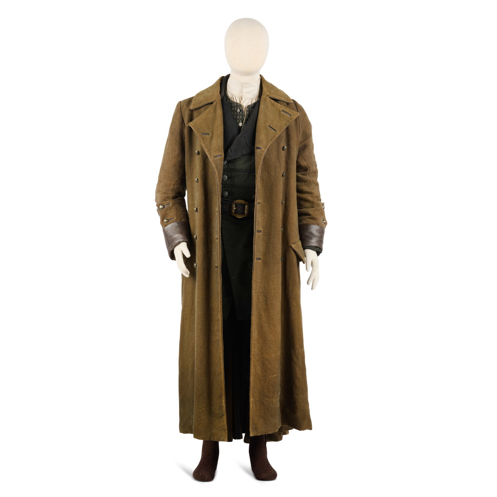 Daywear and outercoat ensemble worn by Jamie Season 8, Episode 4, 'Muskets, Liberty and Sauerkra...: Daywear and outercoat ensemble worn by Jamie Season 8, Episode 4, 'Muskets, Liberty and Sauerkraut' and Episode 8, 'And The World Was All Around Us' Comprising: a custom-made cream linen shirt, with s