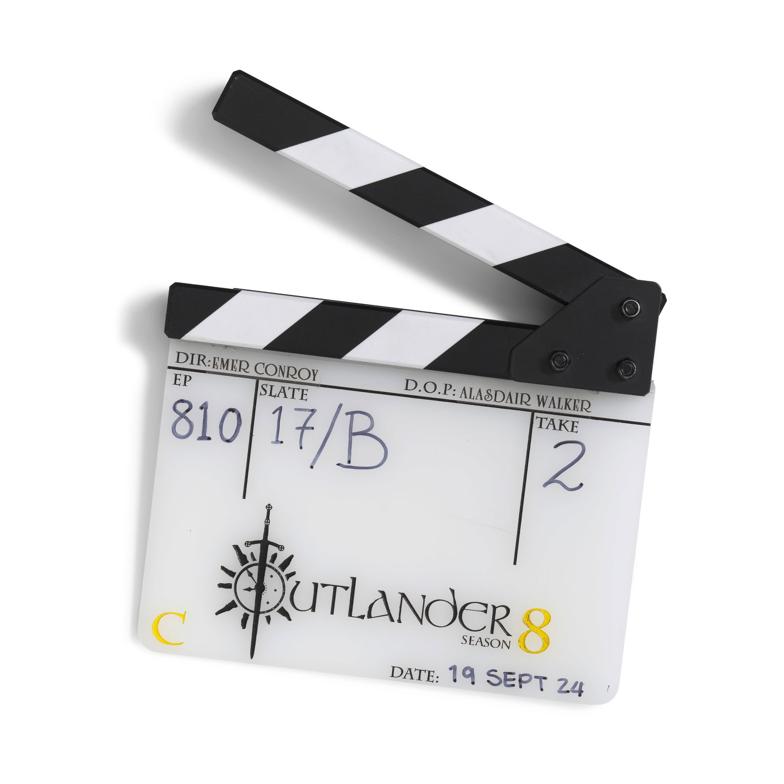 A small clapperboard used in the production of the final episode of the eighth season of Outland... (1 of 1)