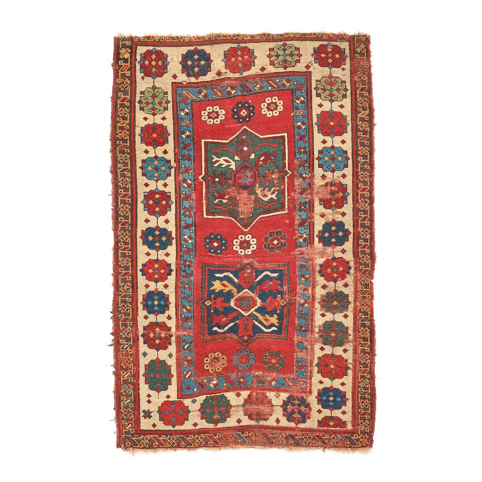 Kazak Rug Caucasus 3 ft. 5 in. x 5 ft. 7 in.: Kazak Rug Caucasus c. 1820 Provenance: The James D. Burns Collection 3 ft. 5 in. x 5 ft. 7 in. For further information on this lot please visit Bonhams.com For further information about this lot pleas