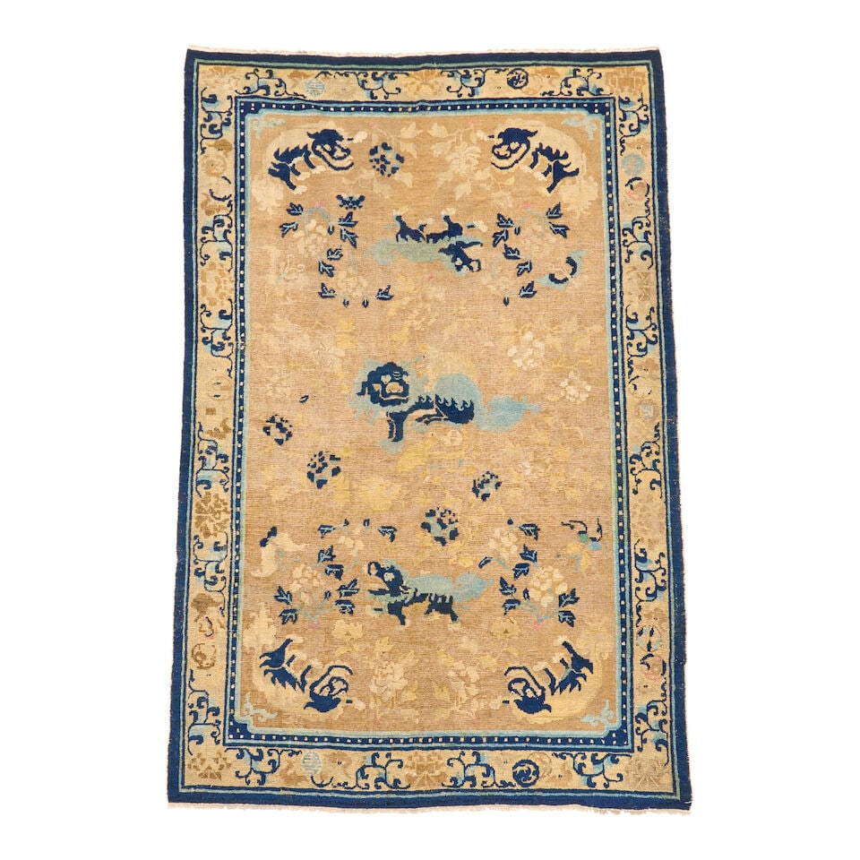 Ningxia Carpet with Guardian Lions China 5 ft. 2 in. x 8 ft. 3 in.: Ningxia Carpet with Guardian Lions China c. 18th century, a colorful Ningxia carpet from Northwest China with a traditional 'Foo Dog' or guardian lion design. Provenance: The James D. Burns Collection