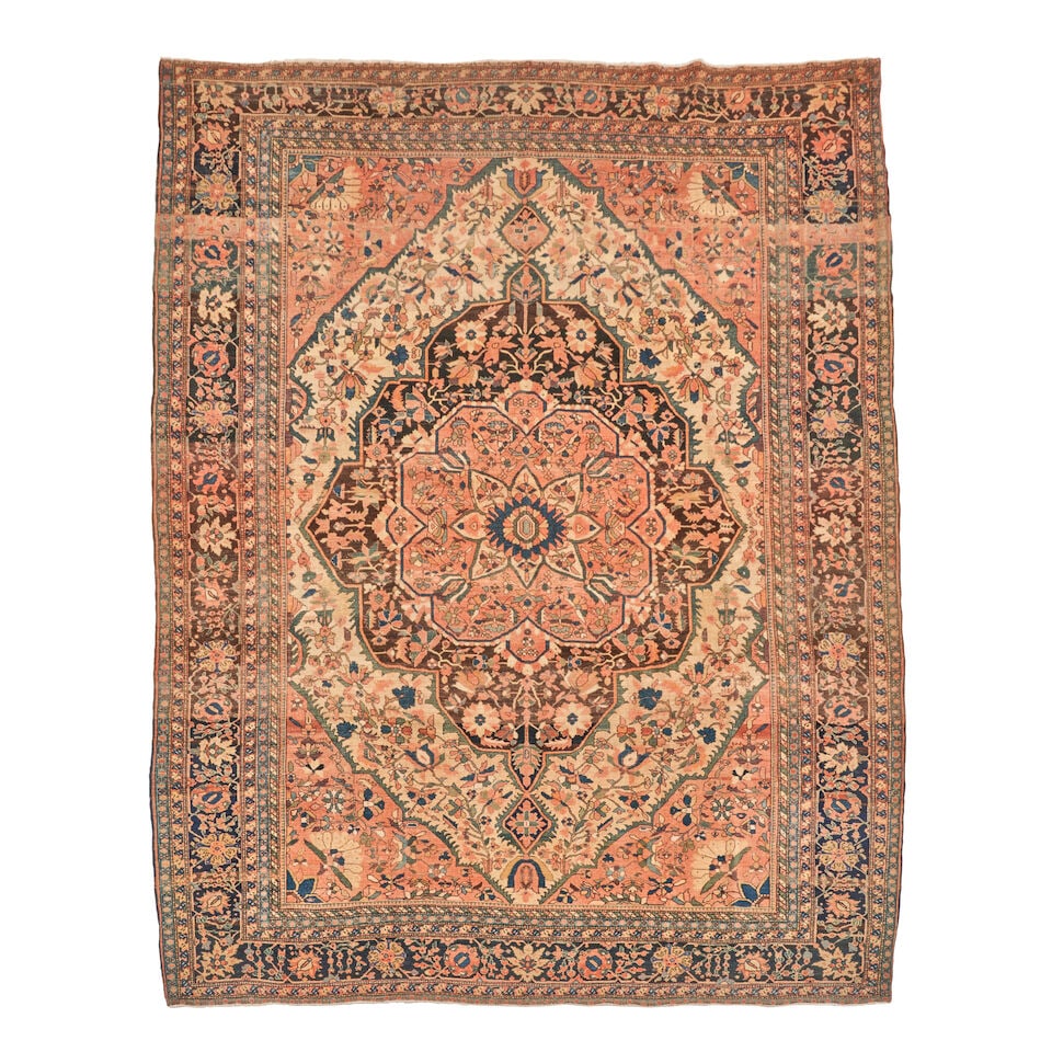 Fereghan Sarouk Carpet 9 ft. 2 in. x 12 ft.: Fereghan Sarouk Carpet circa late 19th century, a wide array of soft colors (natural dyes) on a peach field, a high-quality and playful one of its type. Older than most of these. **Saleroom Notice: Sp