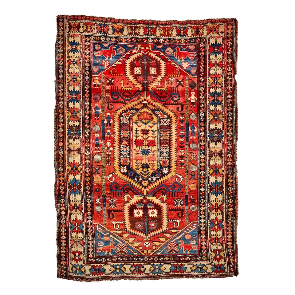 Shirvan Pictorial Rug Caucasus 3 ft. 8 in. x 5 ft. 5 in.: Shirvan Pictorial Rug Caucasus c. early 20th century, with multiple human forms and a playful composition. 3 ft. 8 in. x 5 ft. 5 in. For further information on this lot please visit Bonhams.com For