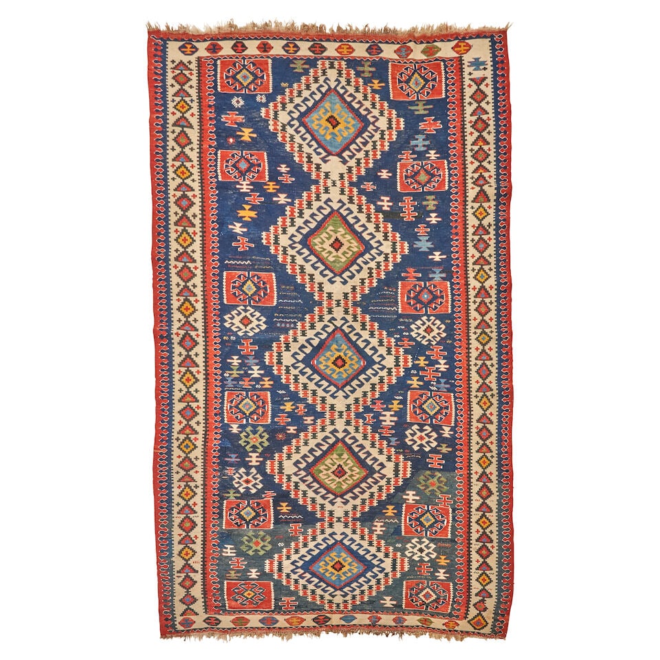 Shirvan Kilim Caucasus 5 ft. 3 in. x 8 ft. 9 in.: Shirvan Kilim Caucasus c. late 19th century, more playfully rendered than your typical Shirvan Kilim. Natural dyes, a pleasing asymmetry, and overall good condition. 5 ft. 3 in. x 8 ft. 9 in. For furt