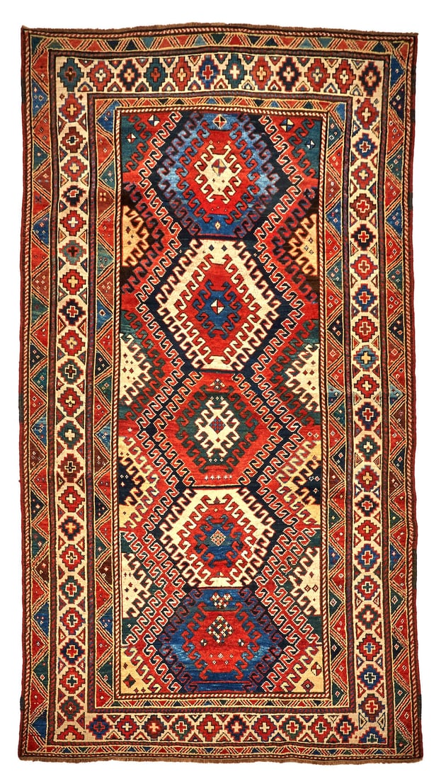 Bordjalu Kazak Caucasus 4 ft. 8 in. x 9 ft.: Bordjalu Kazak Caucasus c. 1880, natural colors with a bold field design and good pile. 4 ft. 8 in. x 9 ft. For further information on this lot please visit Bonhams.com For further information about t