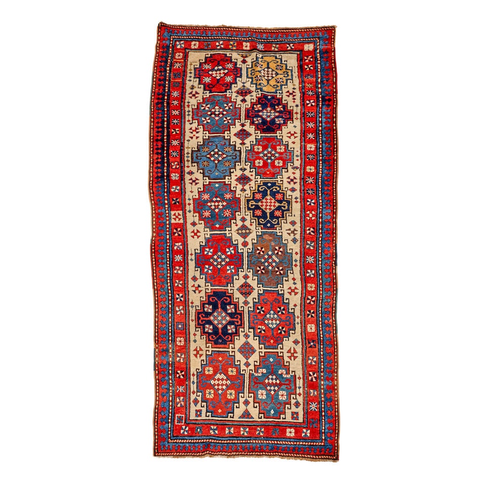 Moghan Kazak Rug Caucasus 4 ft. 1 in. x 9 ft. 9 in.: Moghan Kazak Rug Caucasus c. last quarter 19th century, very good pile and natural colors. 4 ft. 1 in. x 9 ft. 9 in. For further information on this lot please visit Bonhams.com For further informatio