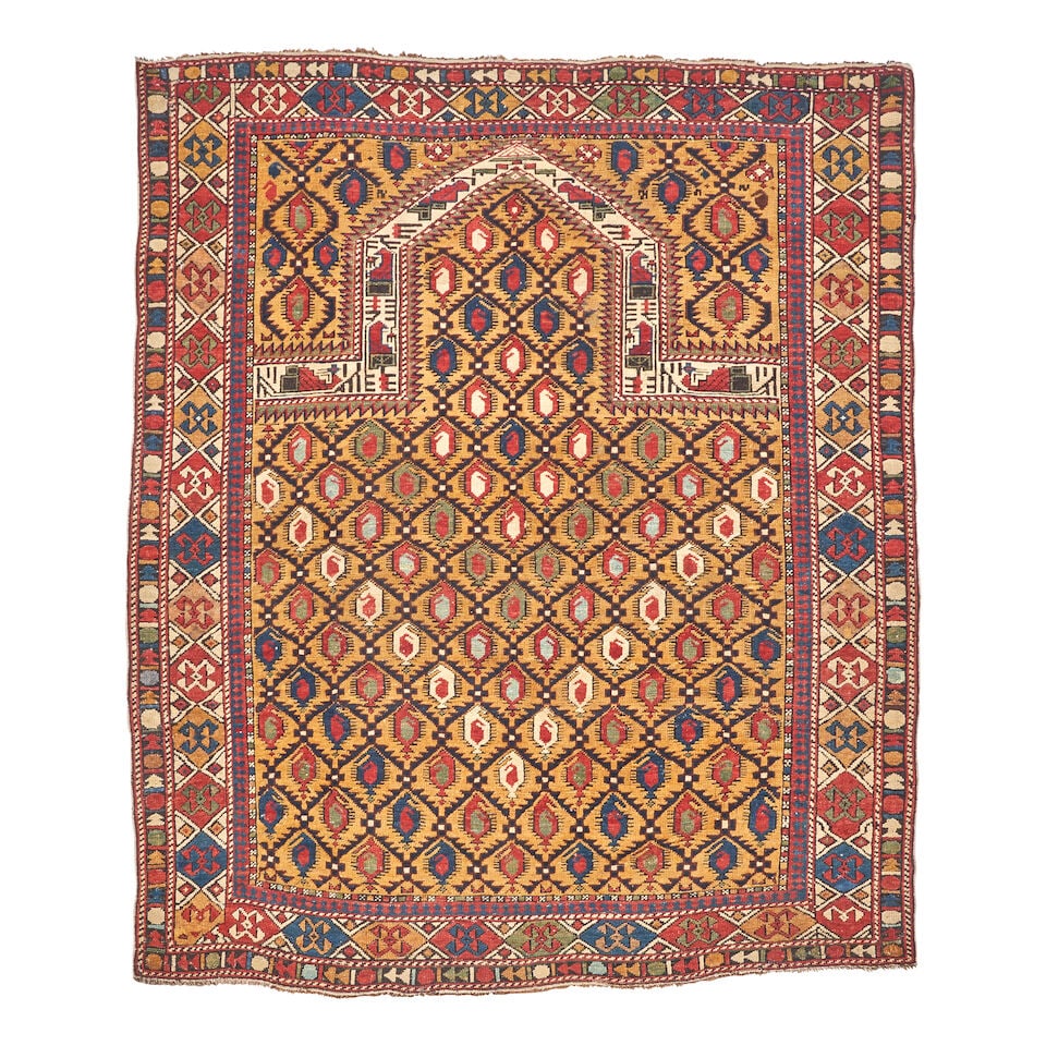 Shirvan Marasali Prayer Rug with Canary Yellow Field East Caucasus 4 ft. x 4 ft. 11 in.: Shirvan Marasali Prayer Rug with Canary Yellow Field East Caucasus c. 1880, bold natural dyes on this playfully wrought 'Marasali' prayer rug. Very good condition with just some small, minor repairs. 