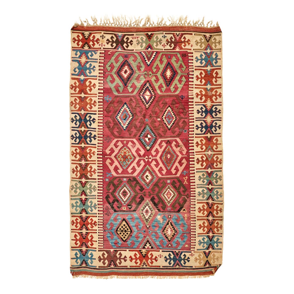 Small East Anatolian Kilim Anatolia 3 ft. 4 in. x 5 ft. 6 in.: Small East Anatolian Kilim Anatolia c. second half 19th century, great size and dyes, ready for the wall. 3 ft. 4 in. x 5 ft. 6 in. For further information on this lot please visit Bonhams.com For