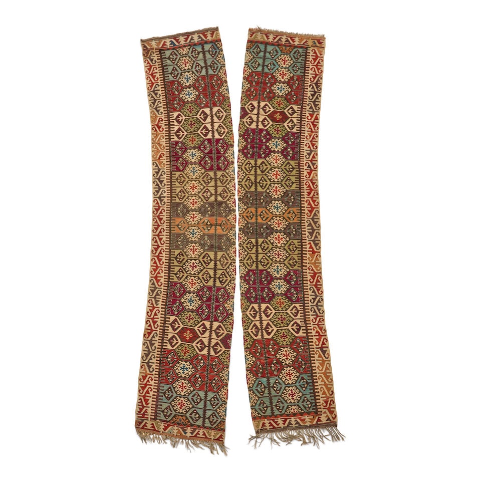 East Anatolian Kilim Anatolia 4 ft. 6 in. x 13 ft. 5 in.: East Anatolian Kilim Anatolia c. late 19th century, two panels of the same kilim. Nice dyes, drawing, and in very good condition. 4 ft. 6 in. x 13 ft. 5 in. For further information on this lot please 
