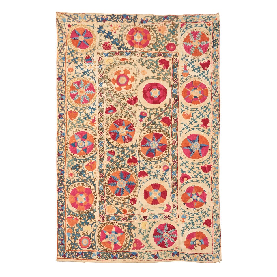Uzbek Suzani Uzbekistan 3 ft. 8 in. x 5 ft. 10 in.: Uzbek Suzani Uzbekistan c. 19th century 3 ft. 8 in. x 5 ft. 10 in. For further information on this lot please visit Bonhams.com For further information about this lot please