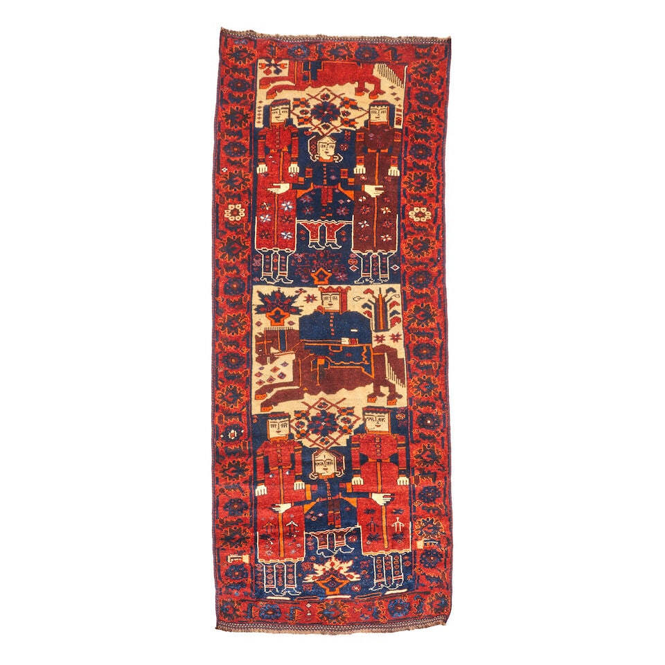 Luri Pictorial Rug 4 ft. 6 in. x 12 ft. 7 in.: Luri Pictorial Rug c. early 20th century **Saleroom Notice: Special Conditions on the sale of Iranian-origin material: Due to U.S. Federal trade regulations, Bonhams Skinner places certain restriction