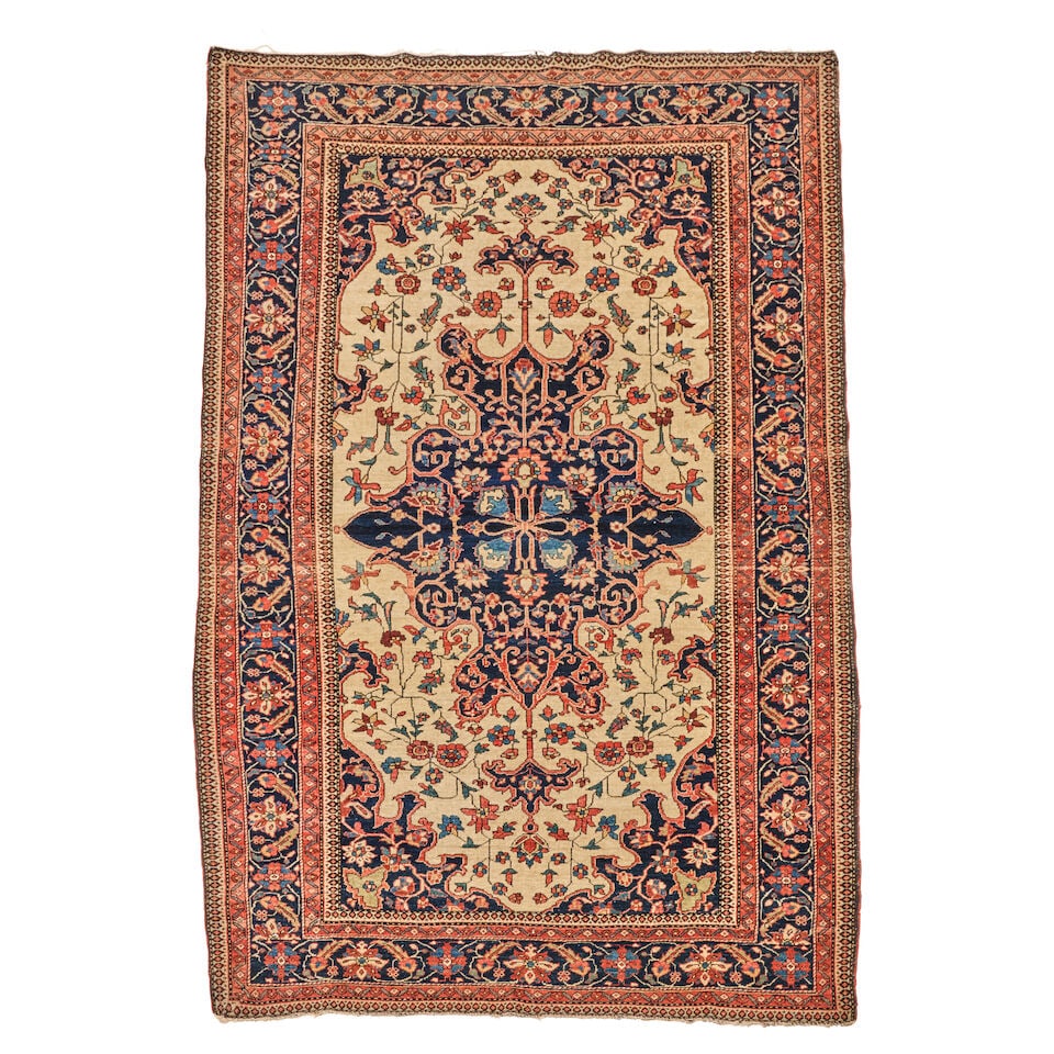 Fereghan Sarouk Rug 4 ft. 4 in. x 6 ft. 6 in.: Fereghan Sarouk Rug c. 1900, a wide array of glistening colors and good overall condition. **Saleroom Notice: Special Conditions on the sale of Iranian-origin material: Due to U.S. Federal trade regul