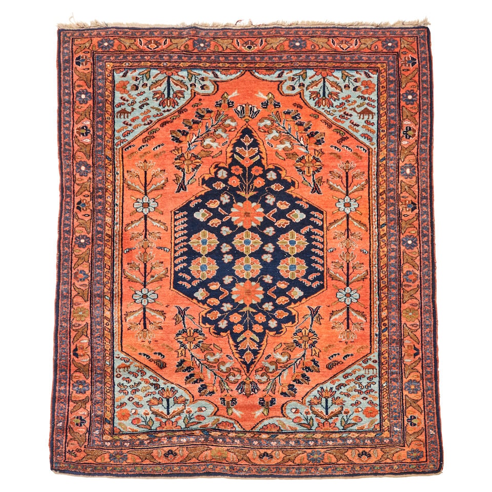 Malayer Rug 4 ft. 10 in. x 6 ft.: Malayer Rug c. 1910, thick pile and natural dyes. **Saleroom Notice: Special Conditions on the sale of Iranian-origin material: Due to U.S. Federal trade regulations, Bonhams Skinner places certain re