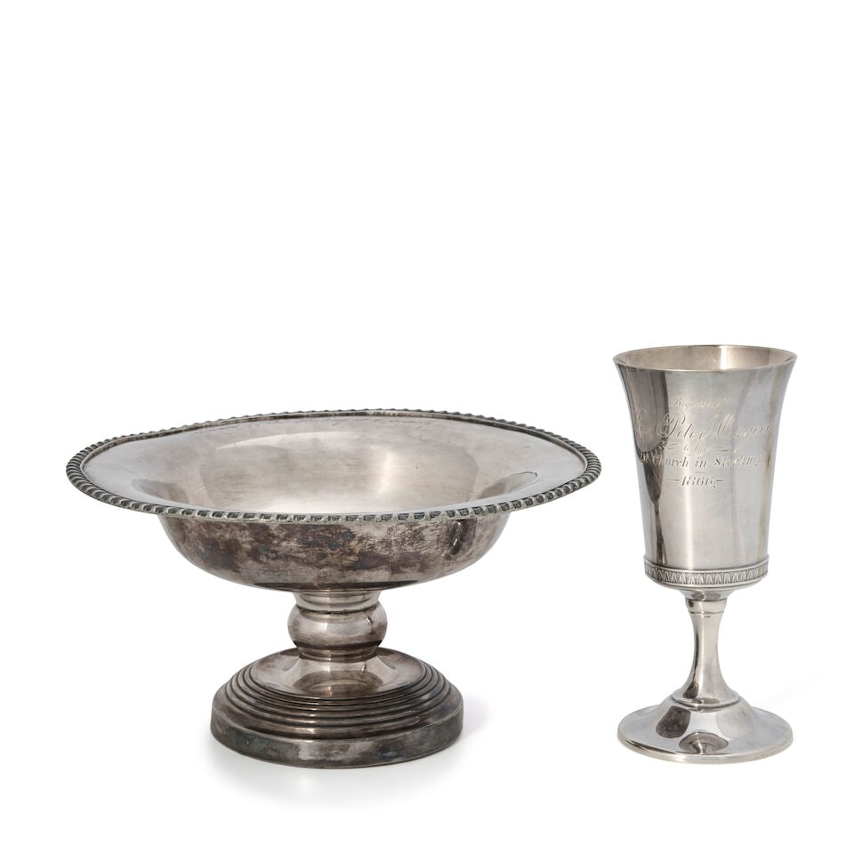 Silver Communion Cup and Baptismal Bowl from First Church in Sterling, Massachusetts, mid-19th c...: Silver Communion Cup and Baptismal Bowl from First Church in Sterling, Massachusetts, mid-19th century The Sterling cup engraved 'Bequest of / Rev. Peter Osgood / to the / 1st Church in Sterling. / 18