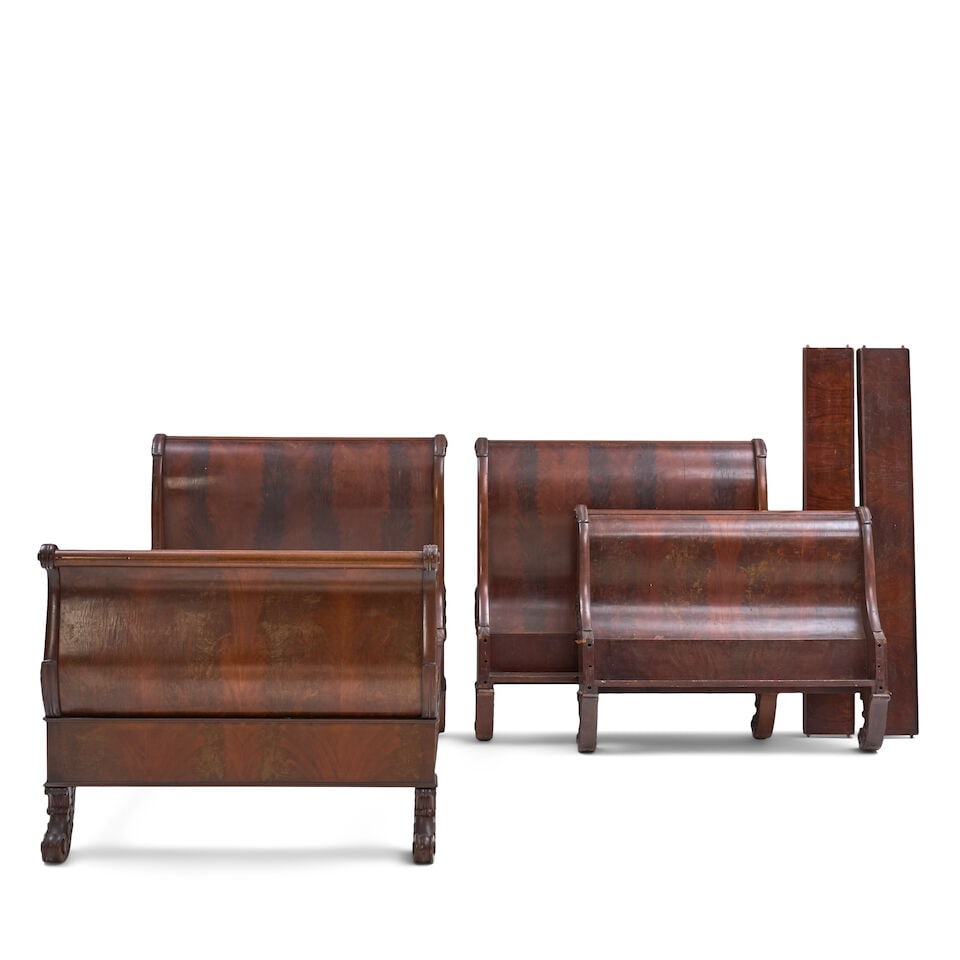 Pair of Classical Mahogany and Mahogany Veneer Sleigh Beds probably Boston, Massachusetts, c. ... (1 of 2)