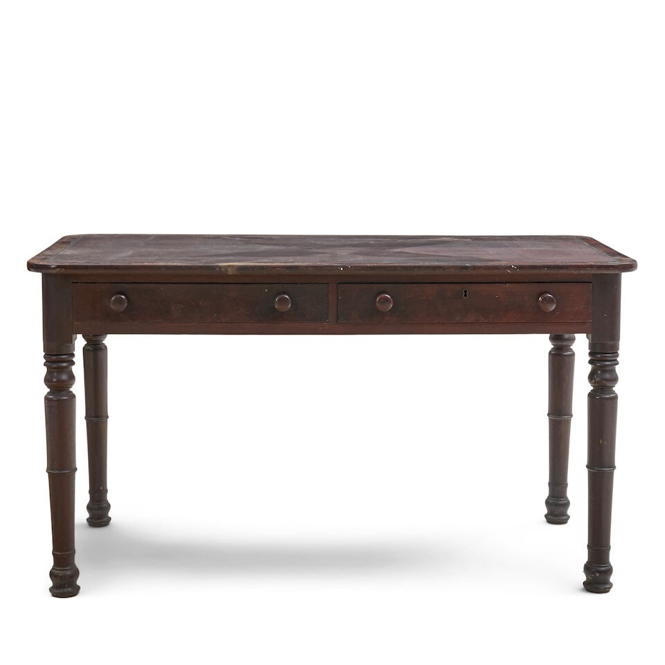 Late Classical Mahogany Writing Desk Boston, Massachusetts, c. 1840: Late Classical Mahogany Writing Desk Boston, Massachusetts, c. 1840 with fabric top surface for writing, 137cm wide, 76cm deep, 76cm high (54 1/4in wide, 30 1/4in deep, 30in high). For further informa