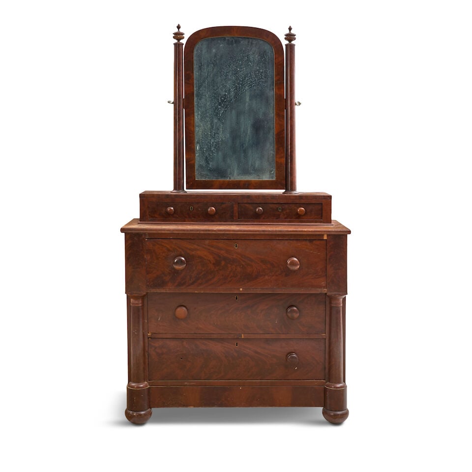 Classical Mahogany and Mahogany Veneer Bureau with Mirror Boston, Massachusetts, c. 1825 (1 of 2)