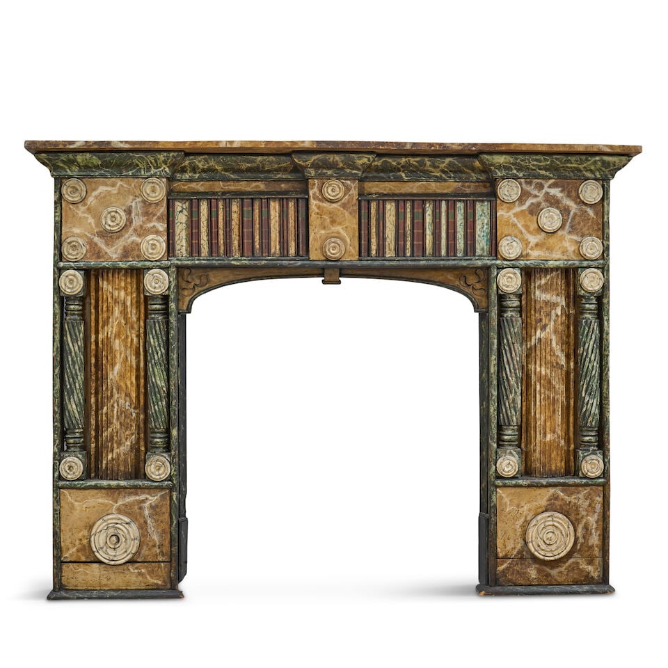 Trompe l'oeil Painted Library Mantelpiece Massachusetts, mid-19th century (1 of 2)