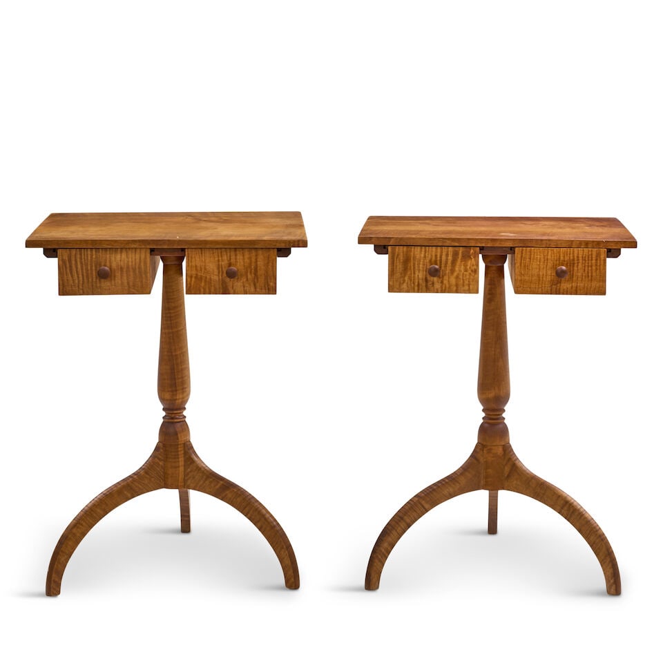 A Pair of Shaker Style Tiger Maple Sewing TablesRaymond LaMontagne, Jr. (1939-2024), Rhode Islan...: A Pair of Shaker Style Tiger Maple Sewing Tables Raymond LaMontagne, Jr. (1939-2024), Rhode Island, c. 1990 Three-board square tops fitted with runners for a set of two-sided drawers, and raised over 