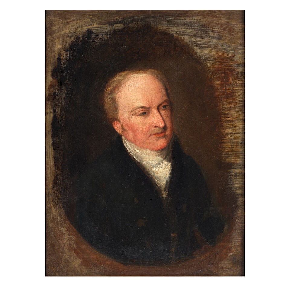 English School, 19th Century Portrait of a gentleman, said to be Harry Phillips: English School, 19th Century Portrait of a gentleman, said to be Harry Phillips bears an inscription 'Portrait of Harry Phillips/Auctioneer of 73 New Bond St/painted by William Hunt' (on a label attac