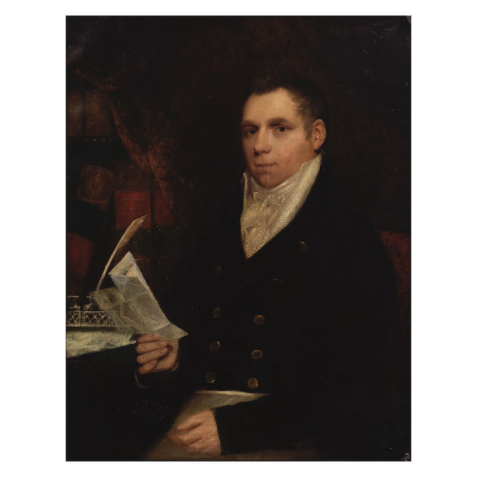 Circle of John Opie R.A. (Trevellas 1761-1807 London) Portrait of Edward Jackson, seated at his ...: Circle of John Opie R.A. (Trevellas 1761-1807 London) Portrait of Edward Jackson, seated at his desk, half-length, in a black coat oil on canvas 92 x 71.2cm (36 1/4 x 28 1/16in). Footnotes: Provenance