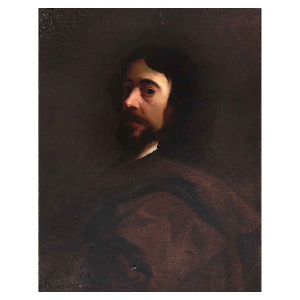 English School, 18th Century Portrait of a man peering over his shoulder, bust-length, in a bro...: English School, 18th Century Portrait of a man peering over his shoulder, bust-length, in a brown wrap oil on canvas 66 x 52.2cm (26 x 20 9/16in). For further information on this lot please visit Bonh