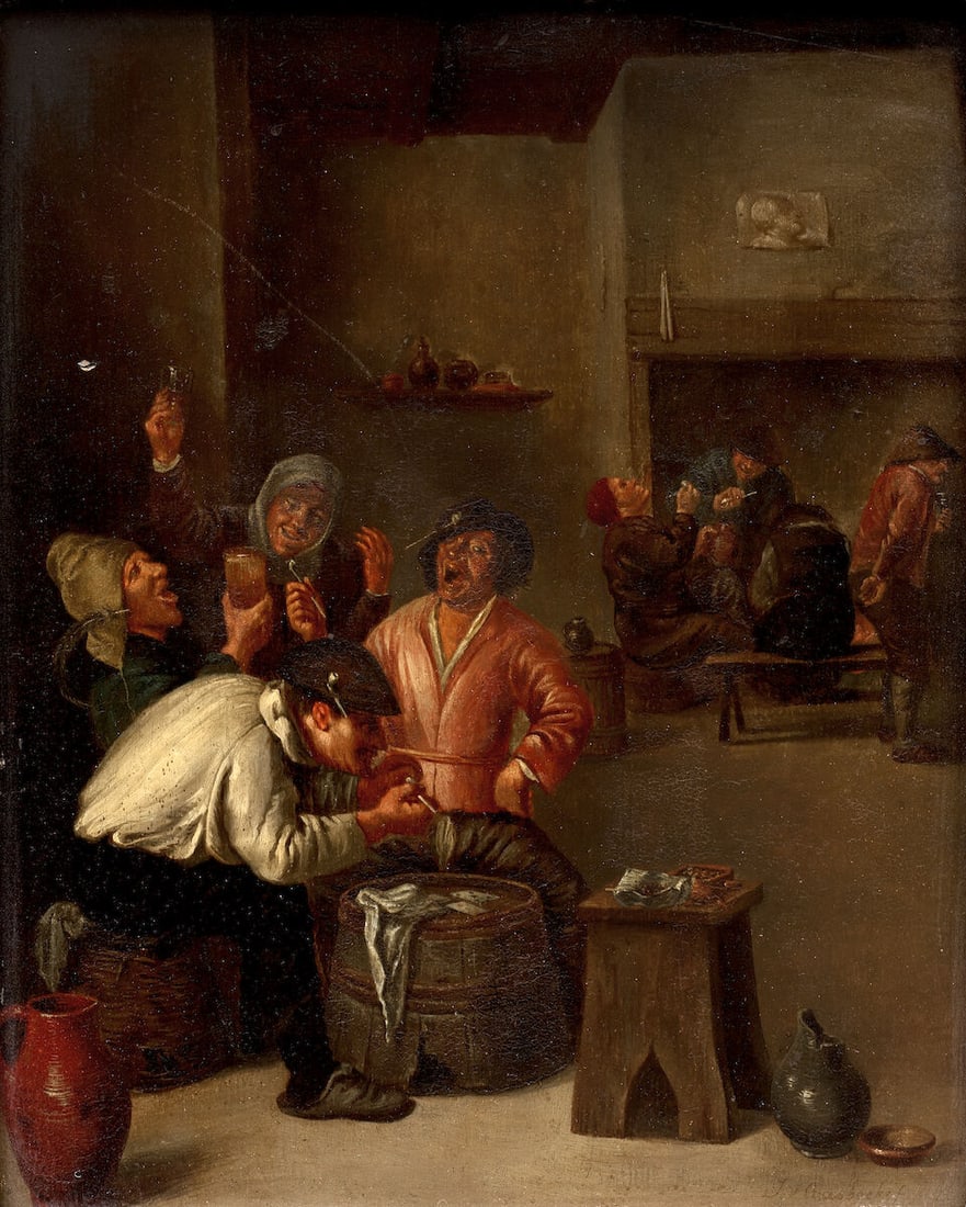 Manner of Joos van Craesbeeck, 18th Century Figures drinking, smoking and playing cards in a ta... (1 of 3)