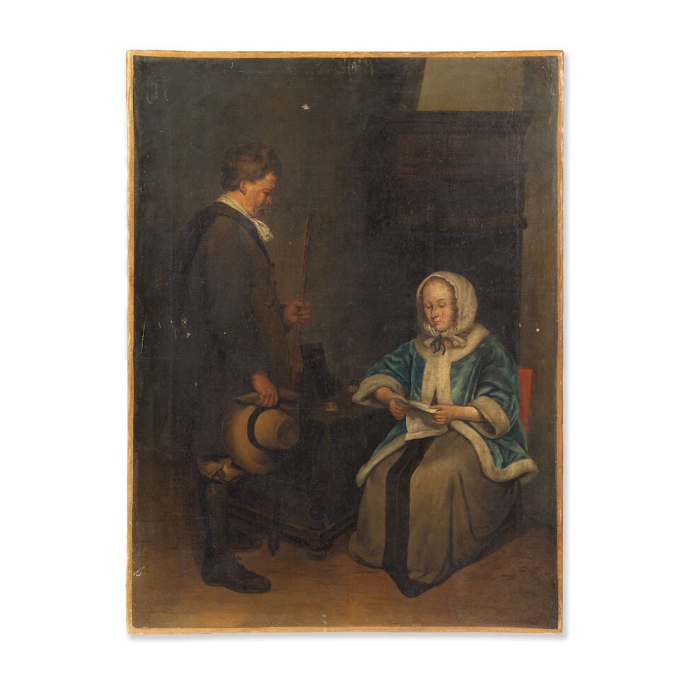 After Gerard ter Borch, 18th Century An elegant lady reading a letter in the presence of a messe... - 2