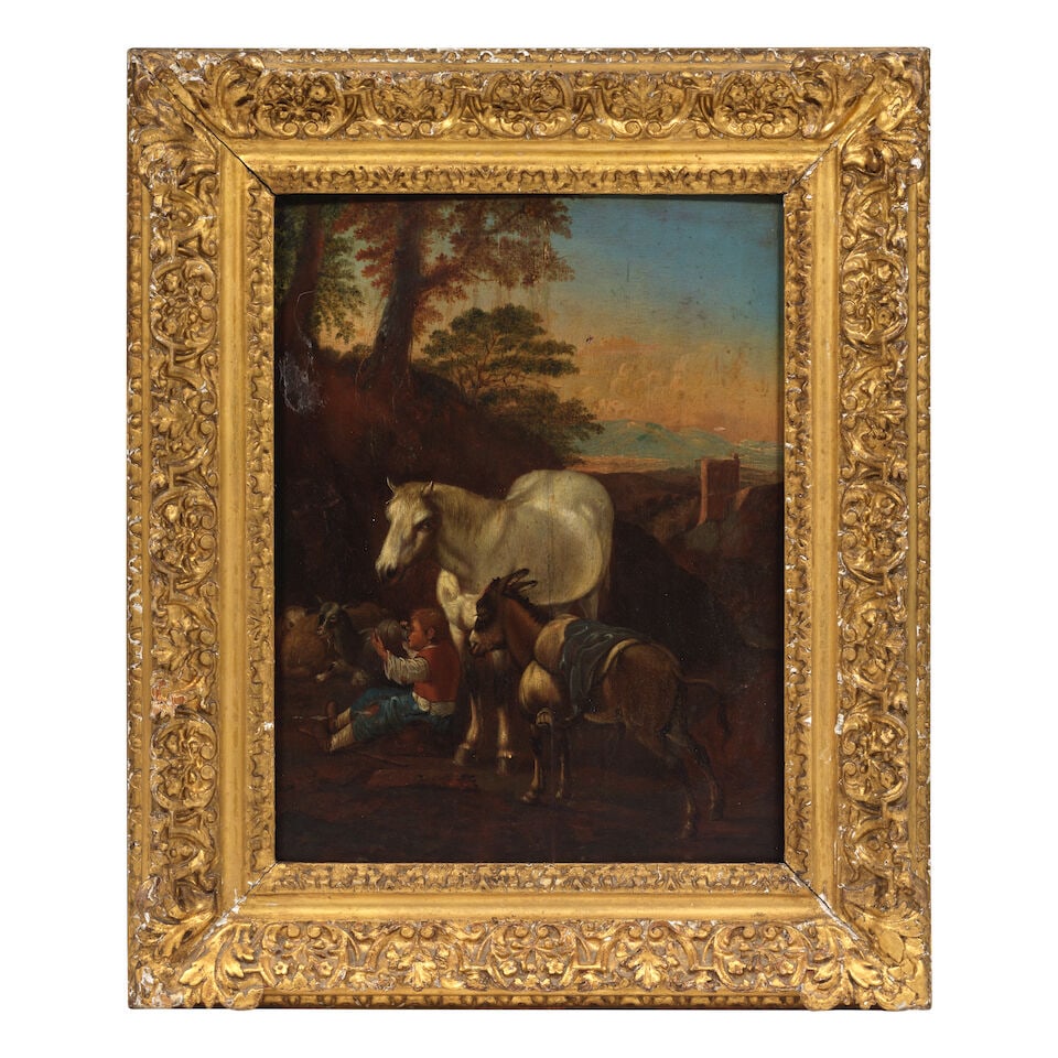 Dutch School, 18th Century A young boy seated before a landscape, with a horse, donkey and goats... - 2