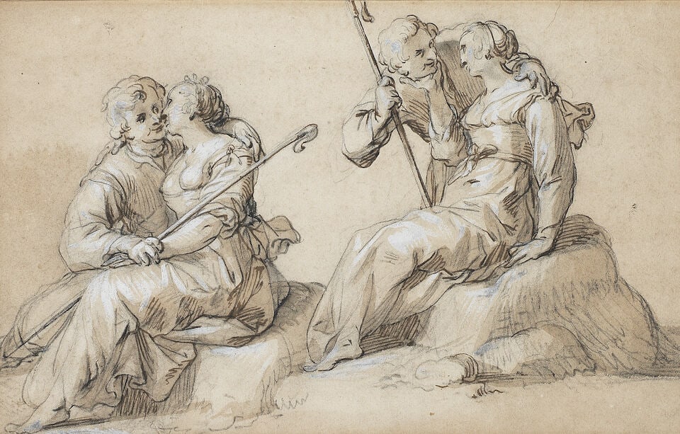 Manner of Abraham Bloemaert, 18th Century Two studies of a bucolic couple: Manner of Abraham Bloemaert, 18th Century Two studies of a bucolic couple pen, ink and black chalk, heightened with white chalk on paper 19.4 x 30.7cm (7 5/8 x 12 1/16in). For further information on t