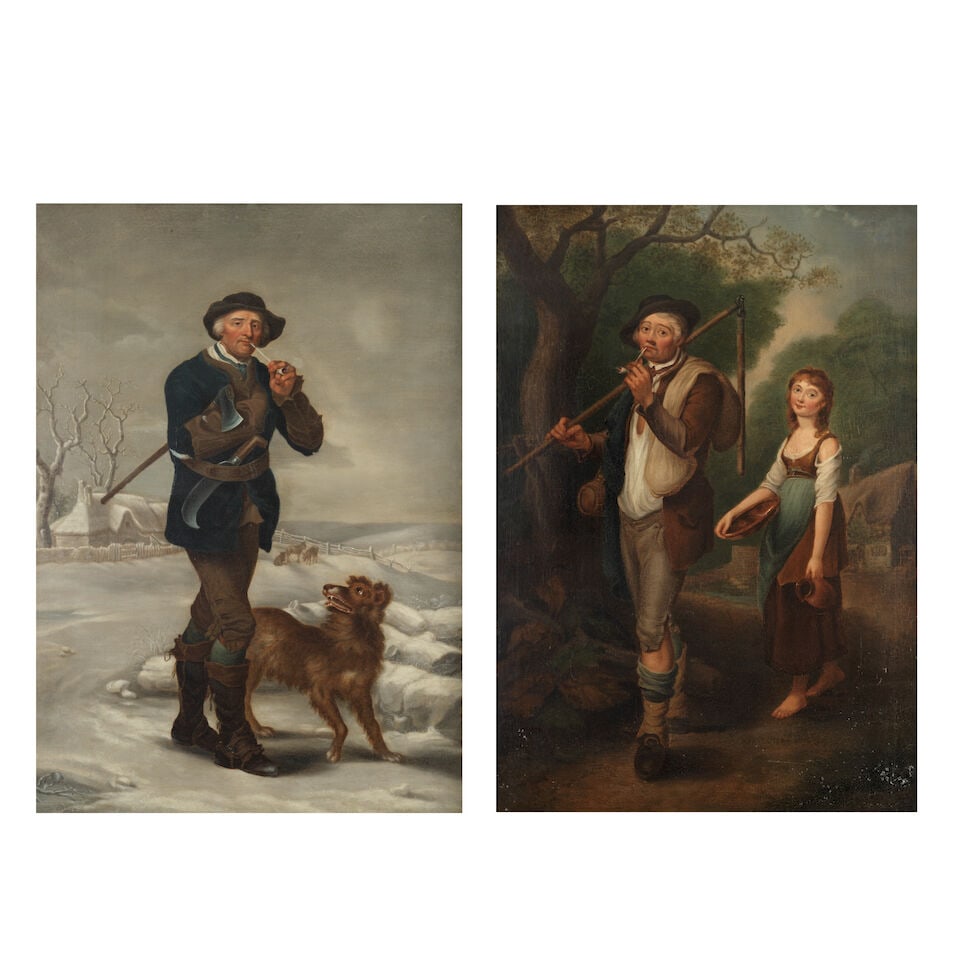 Follower of Thomas Barker of Bath (Pontypool 1769-1847 Bath) The woodcutter in winter; Collectin...: Follower of Thomas Barker of Bath (Pontypool 1769-1847 Bath) The woodcutter in winter; Collecting water in summer, a pair oil on canvas both 102.2 x 71.5cm (40 1/4 x 28 1/8in). (2) For further