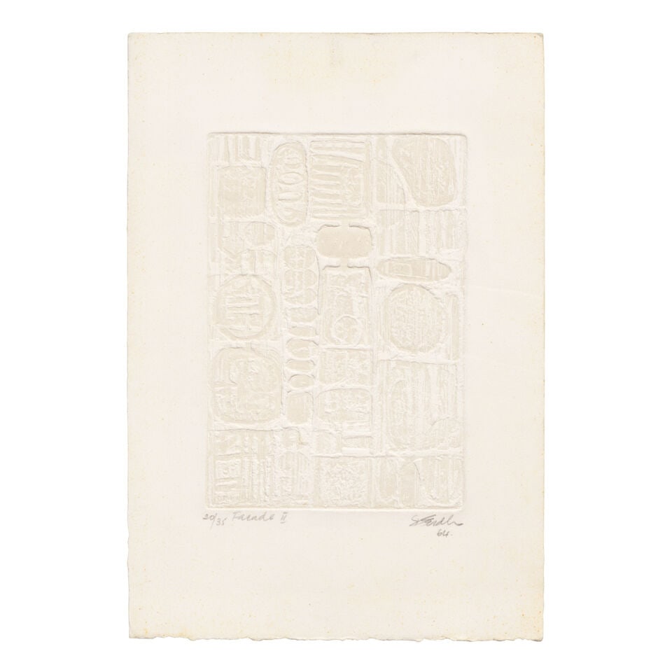 Doris Seidler (American, 1912-2010) Facade I; Facade II Two relief etchings, 1964, on heavy wove...: Doris Seidler (American, 1912-2010) Facade I; Facade II Two relief etchings, 1964, on heavy wove paper, signed, dated, titled and numbered 9/20 and 20/35 respectively in pencil, unframed Each Plate 19