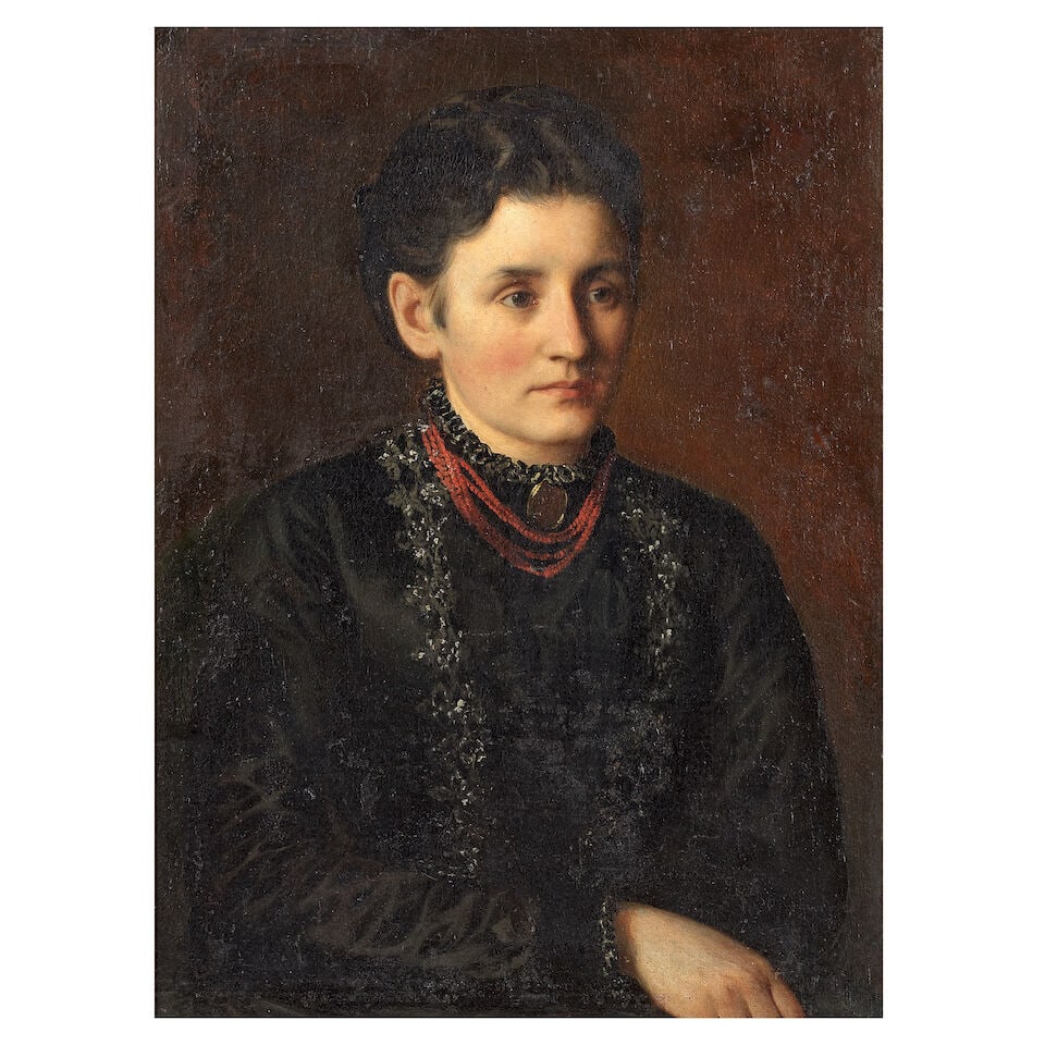 British School, 19th Century Portrait of a lady wearing a red necklace: British School, 19th Century Portrait of a lady wearing a red necklace oil on canvas, laid to board 66 x 46cm (26 x 18 1/8in). For further information on this lot please visit Bonhams.com For further 