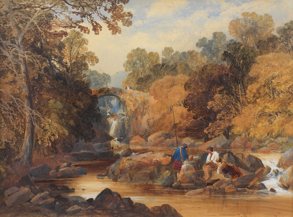 James Burrell Smith (British, 1822-1897) Highland river with figures fishing below a bridge (1 of 3)