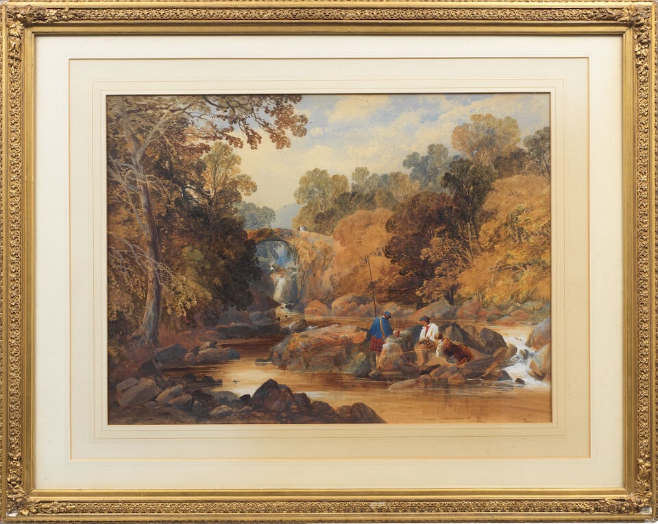 James Burrell Smith (British, 1822-1897) Highland river with figures fishing below a bridge - 2