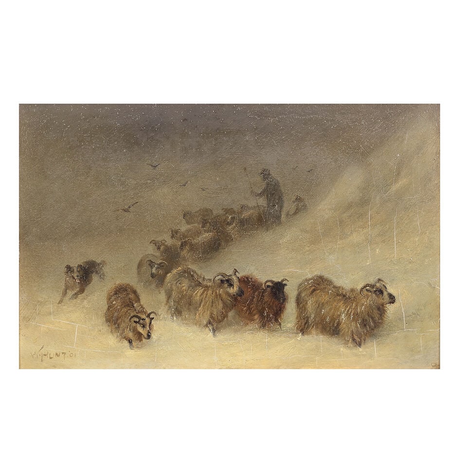 Walter Hunt (British, 1861-1941) Shepherd and his flock in the snow: Walter Hunt (British, 1861-1941) Shepherd and his flock in the snow signed and dated 'W.Hunt.01' (lower left); further signed and inscribed (on the reverse) oil on board 15 x 23cm (5 7/8 x 9 1/16in). 