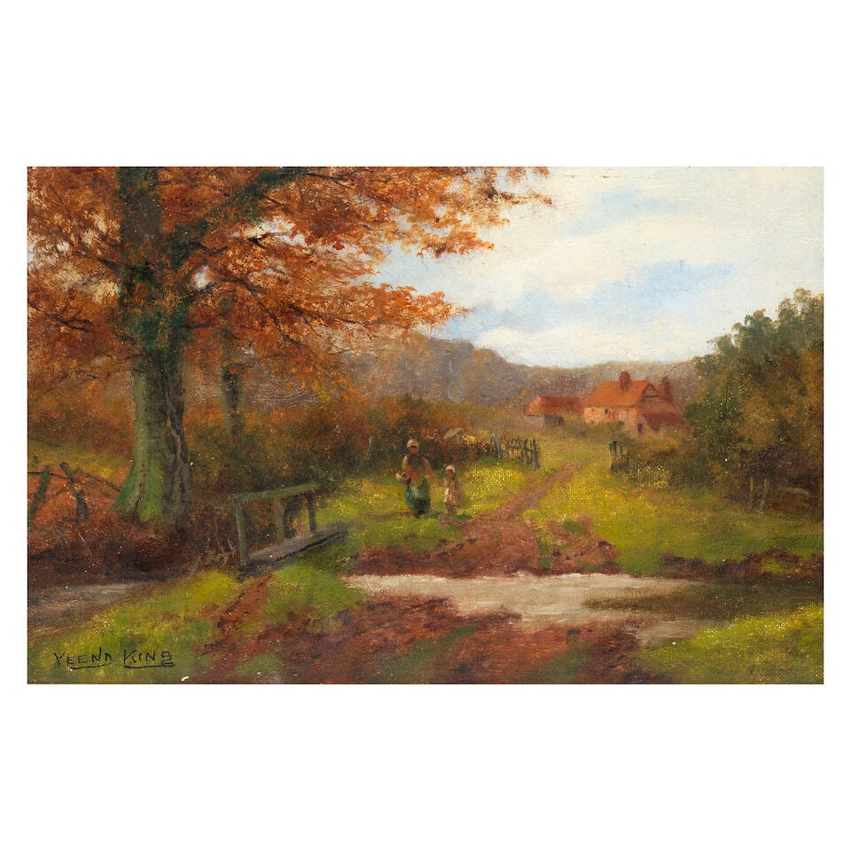 English School, 20th Century Crossing the river: English School, 20th Century Crossing the river bears signature (lower left) oil on canvas laid to board 17 x 26cm (6 11/16 x 10 1/4in). For further information on this lot please visit