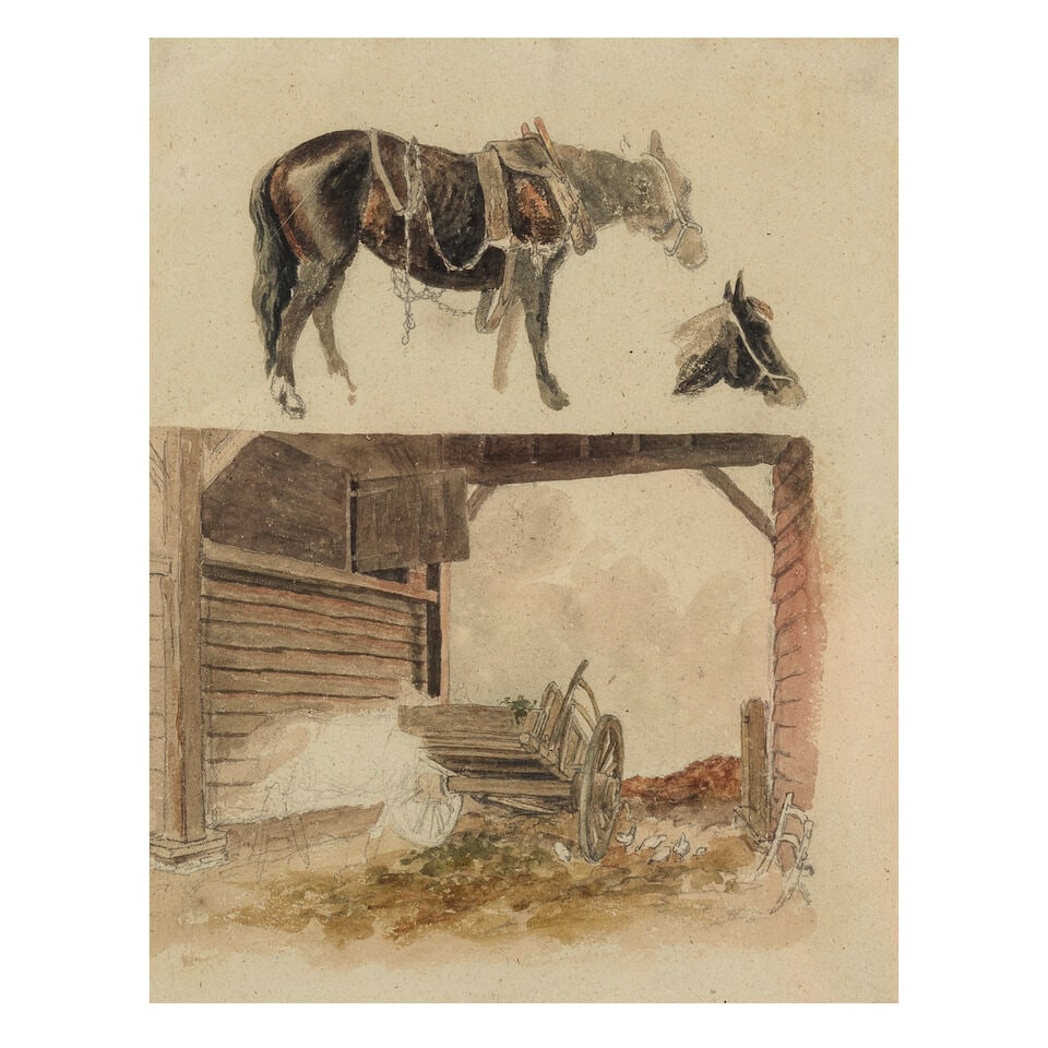 Robert Hills, OWS (British, 1769-1844) Rustic sketches, a pair 15.6 x 18.8cm (6 1/8 x 7 3/8in)....: Robert Hills, O.W.S. (British, 1769-1844) Rustic sketches, a pair variously inscribed watercolour over traces of pencil 15.6 x 18.8cm (6 1/8 x 7 3/8in). 22.3 x 17.2cm (8 3/4 x 6 3/4in)(2). together wi