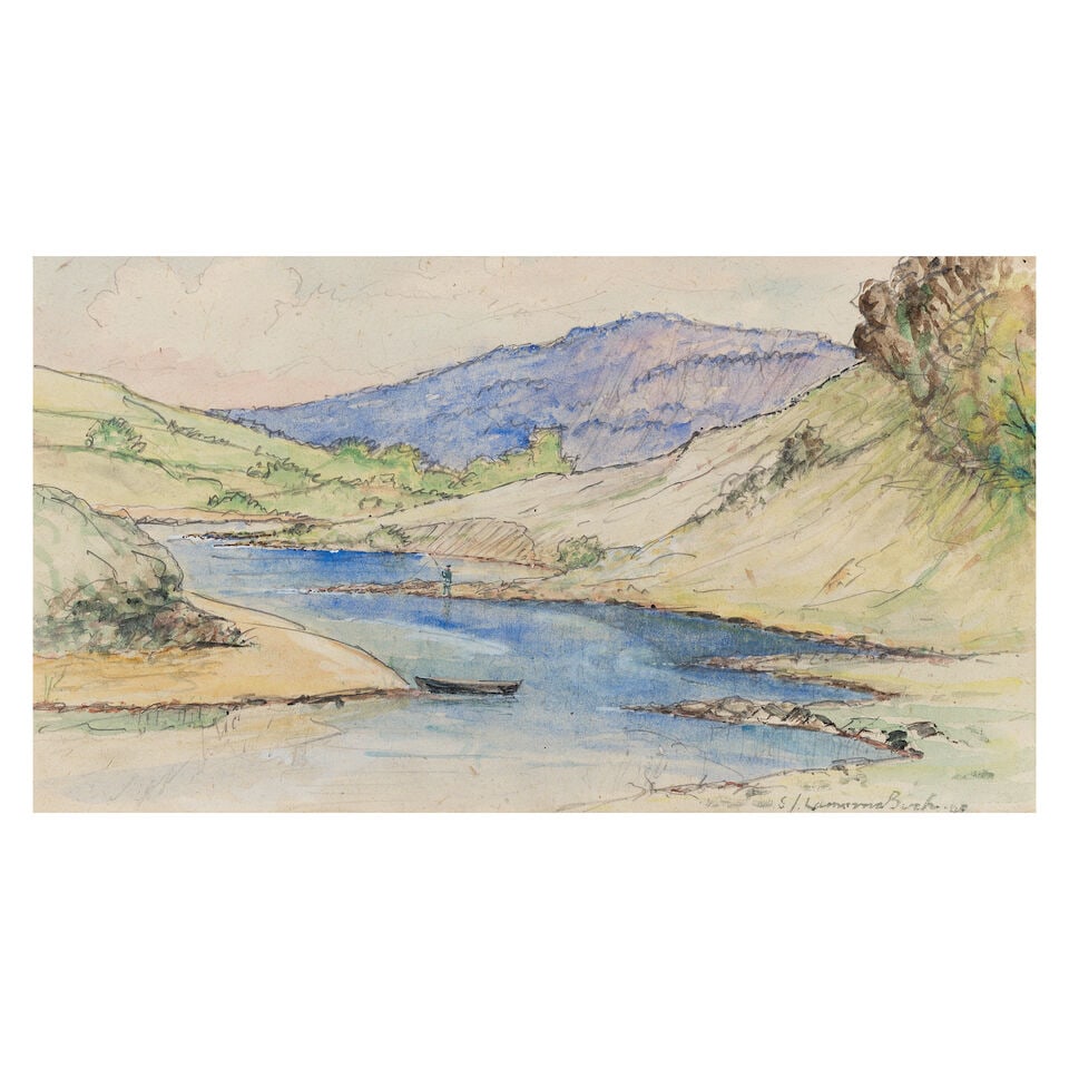 Samuel John Lamorna Birch RA RWS RWA (British, 1869-1955) Fisherman on a highland river: Samuel John Lamorna Birch RA RWS RWA (British, 1869-1955) Fisherman on a highland river signed and indistinctly dated 'S J.Lamorna Birch .4-' (lower right) watercolour over pencil 13.7 x 25cm (5 3/8